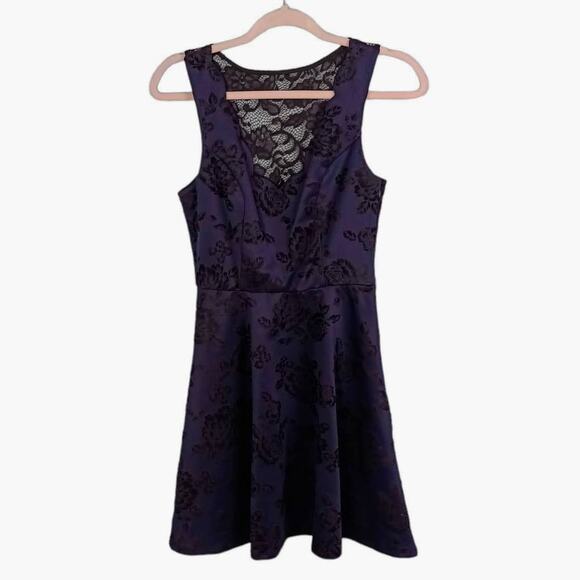 TRIXXI Womens S Dark Blue‎ Floral Dress Fit & Flare Laced Back Scalloped V-Neck - Picture 1 of 9
